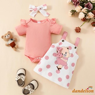 0-18 Meses Baby Girls 3Pcs Conjunto De Roupas Romper Manga Curta + Vestido Suspender Urso + Fita De Cabeça