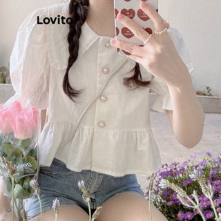 Lovito Casual Blusa Feminina Lisa de Manga Bufante com Botão e Bainha de Babados LNA26032 (Branco)