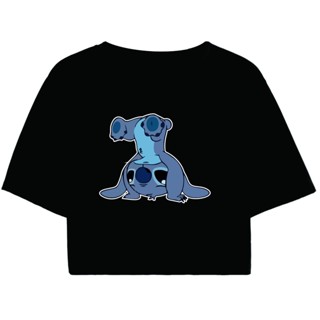 Cropped Feminino Preto Tumblr blogueira stitch de ponta cabeça cute feminina manga curta