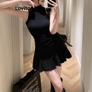 Lovito Vestido Casual Lisa com Drapeado para Mulheres LNA21027 (Preto)