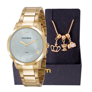 Relógio Feminino Mondaine Dourado Azul Casual Analógico 53756LPMVDE2 Mulher + Pulseira Berloques