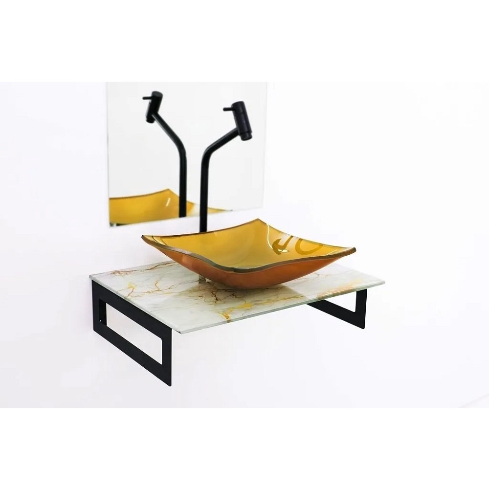 GABINETE DE VIDRO 80CM COM CUBA QUADRADA MÁRMORE BRANCO DOURADO
