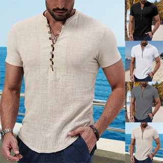 Camisa De Linho De Algodão Para Homens Botão Cardigan Casual Em V Pescoço