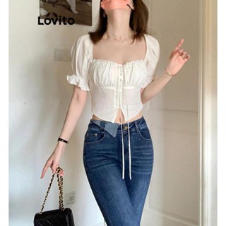 Lovito Blusa Feminina Casual Lisa Com Botão Traseiro E Babados Na Frente LNL43158