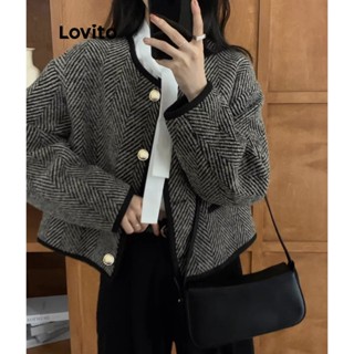 Lovito Casual Casaco Feminino Liso com Botão e Bolsos LNA29384 (Preto e Branco)