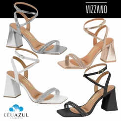 Sandália Feminina Vizzano Salto Médio Bloco Grosso Brilho Strass Conforto