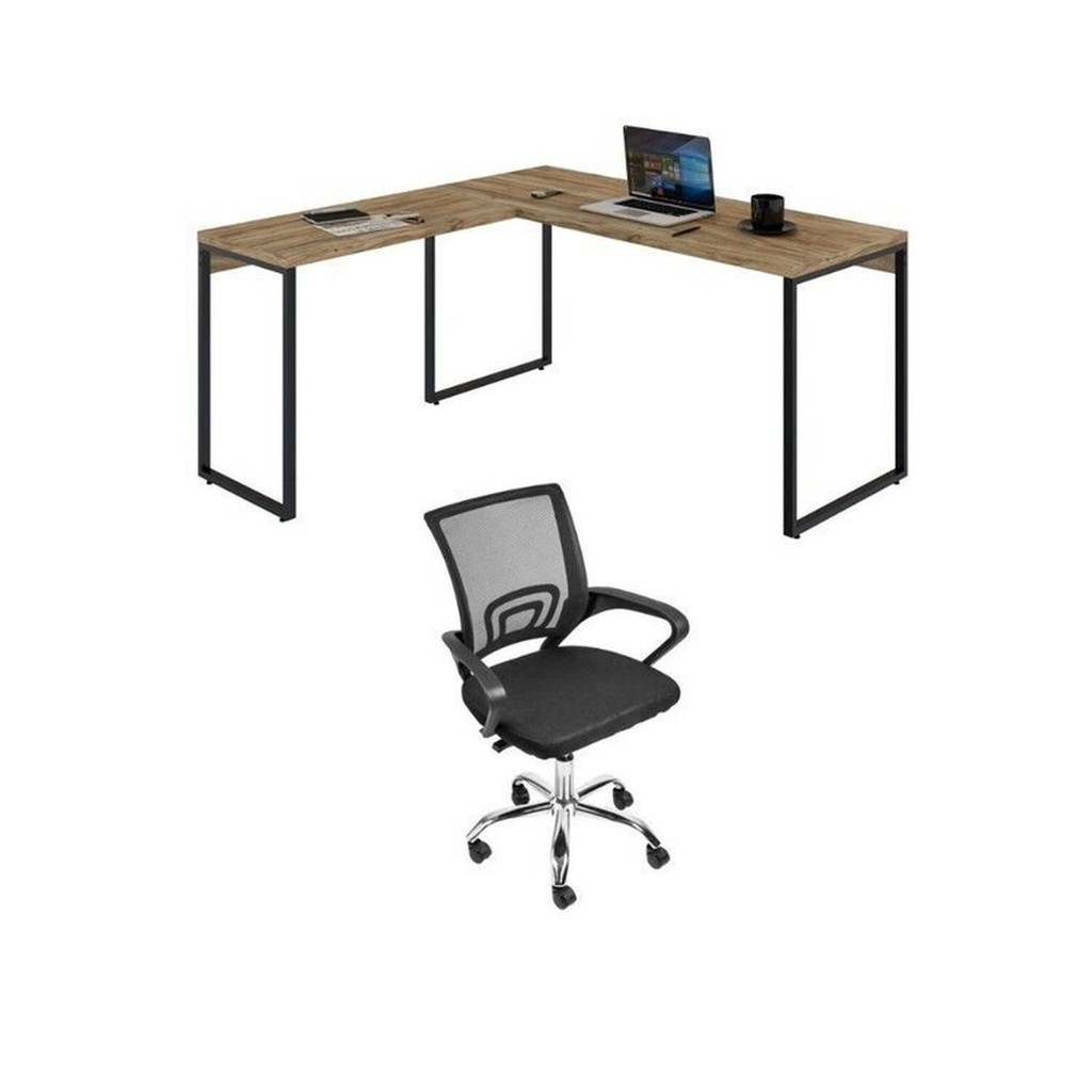 Kit 2 Peças com Mesa para Escritorio em L Industrial 150cm Kuadra e Cadeira de Escritório Diretor Tok Carvalho/Preto