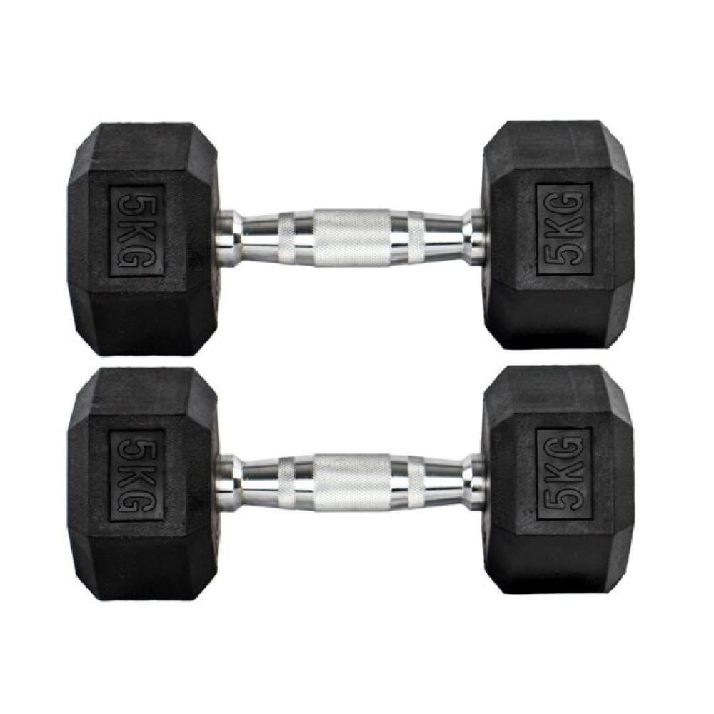 Par Halteres 5kg + 5kg Dumbbell Sextavado Emborrachado Pegada Cromada Gallant (GDB05F3B-PT)