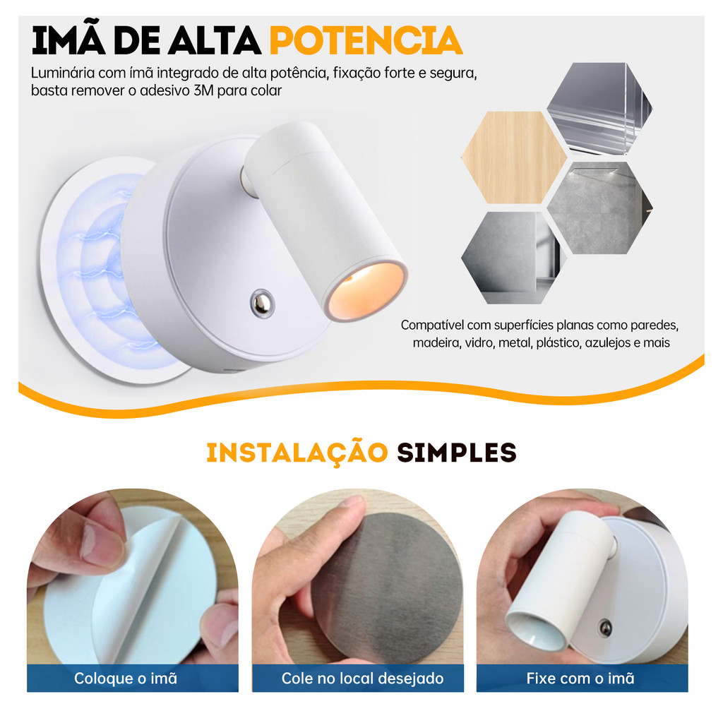 Luminária para Quarto Sem Fio Recarregável LED Arandela de Parede Abajur de Cabeceira