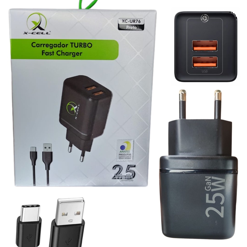 Carregador 25 Watts Rápido Cabo Tipo-C 2 Hub Samsung Xiaomi