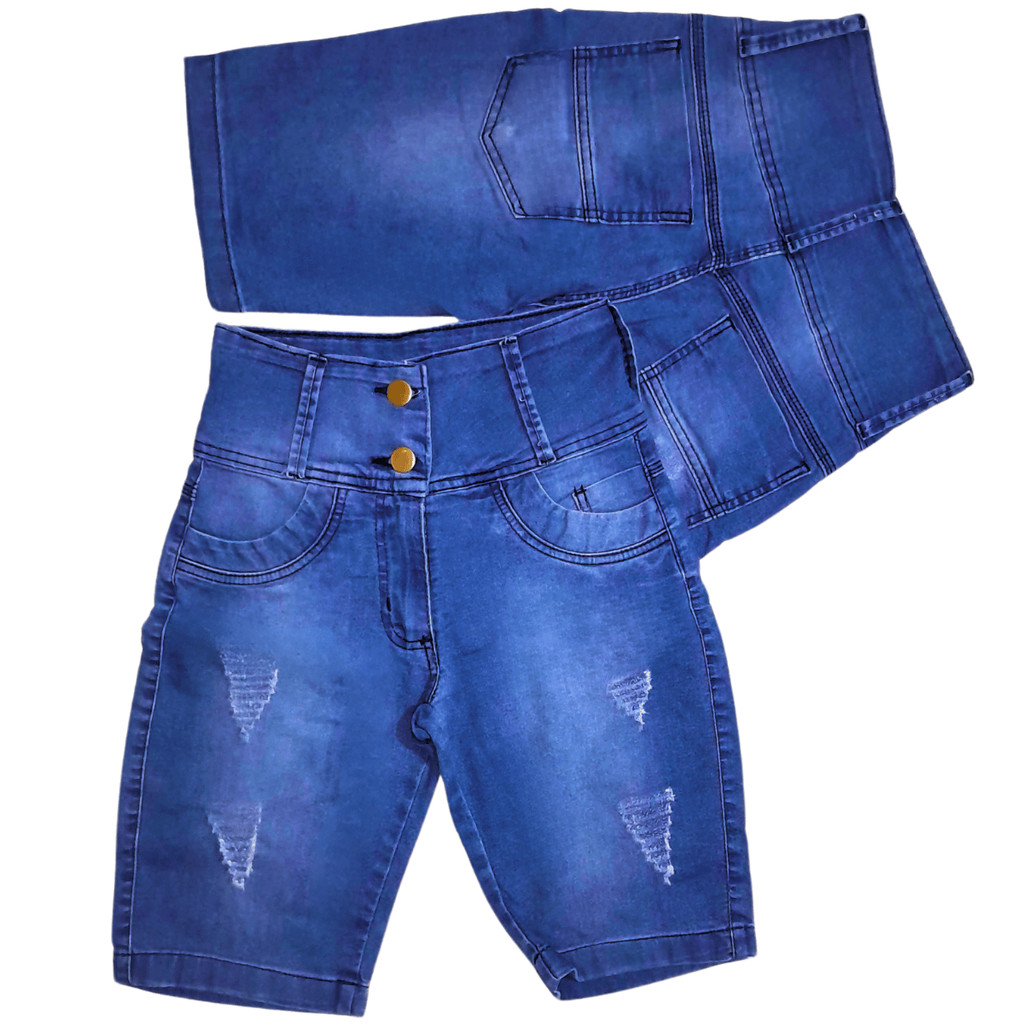 Short Jeans Feminino Ciclista Levanta Bumbum Cintura Alta Bermuda Feminino Luxo Cós Alto Destroyed