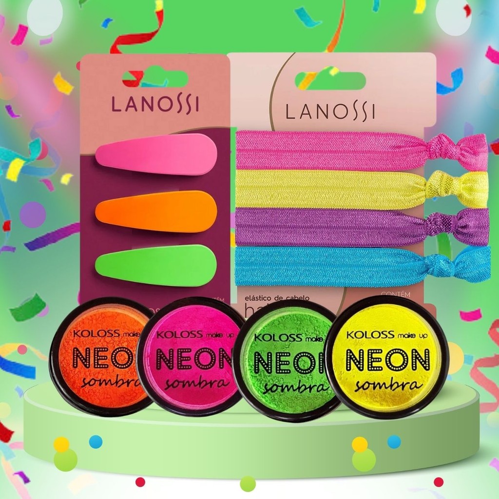 Kit Carnaval 4 Sombras Neon Koloss + 3 Presilhas Tic Tac Coloridas + 4 Elásticos Para Cabelo Ou Pulso Hair Ties Lanossi