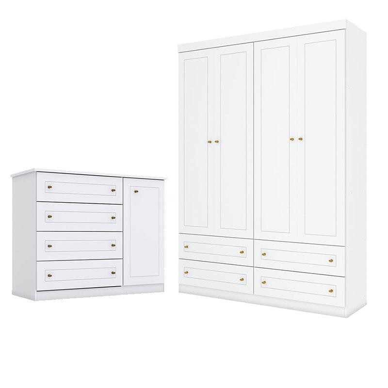 Cômoda e Guarda Roupa Infantil Americano 4 Portas Branco HP - Henn