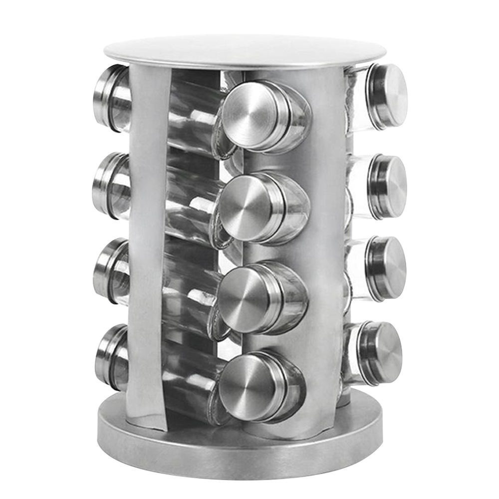 Porta Temperos e Condimento Redondo com Base e Suporte Giratório 16 Potes de Vidro e Aço Inox p Cozinha Torre Luxo