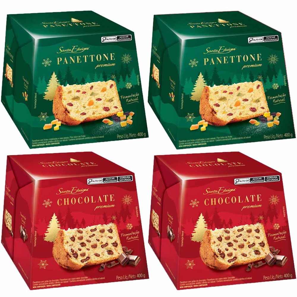 Kit 4 Panetones Premium Natal Gotas Chocolate, Frutas Cristalizadas 400g Santa Edwiges Escolha Sabor