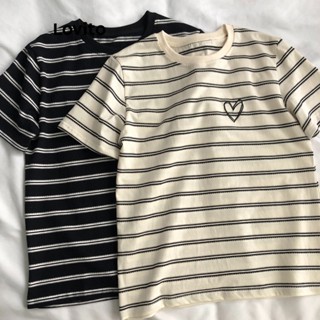 Lovito Camiseta Feminina Casual Listrada Com Gola Redonda E Estampa De Coração LNE24003 (Damasco/Preto)