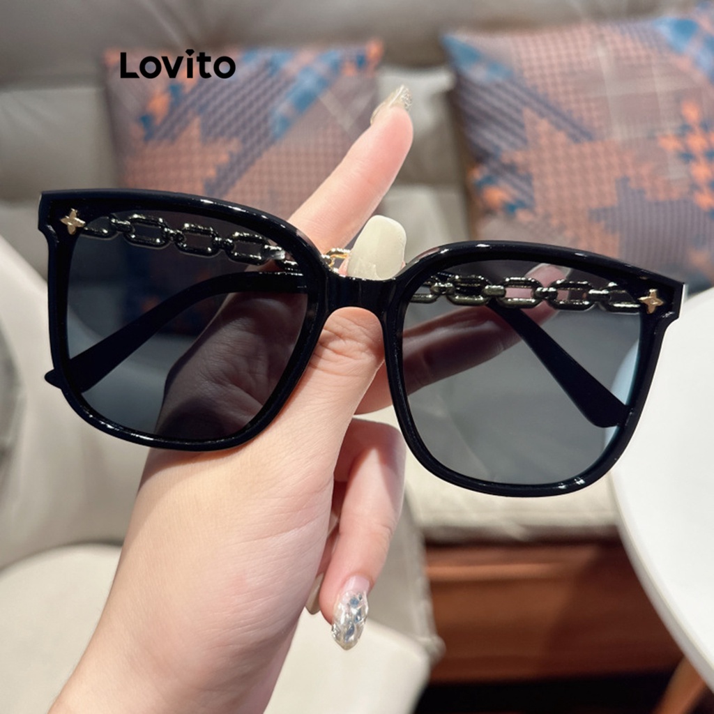 Detalhes do (Trendy) Lovito Óculos De Sol Casuais De Metal Liso Para Mulheres LNA32221 (Preto)