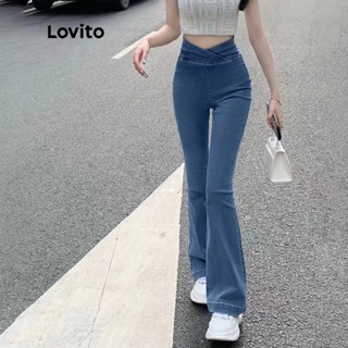 Lovito Jeans Jeans Casual Liso Em Forma De V Cintura Alta Perna Flare Para Mulheres L47ED146 (Azul)