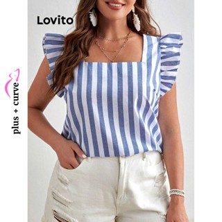 Lovito Plus Size Casual Blusa Feminina Listrada com Babados LBE05150 (Azul)
