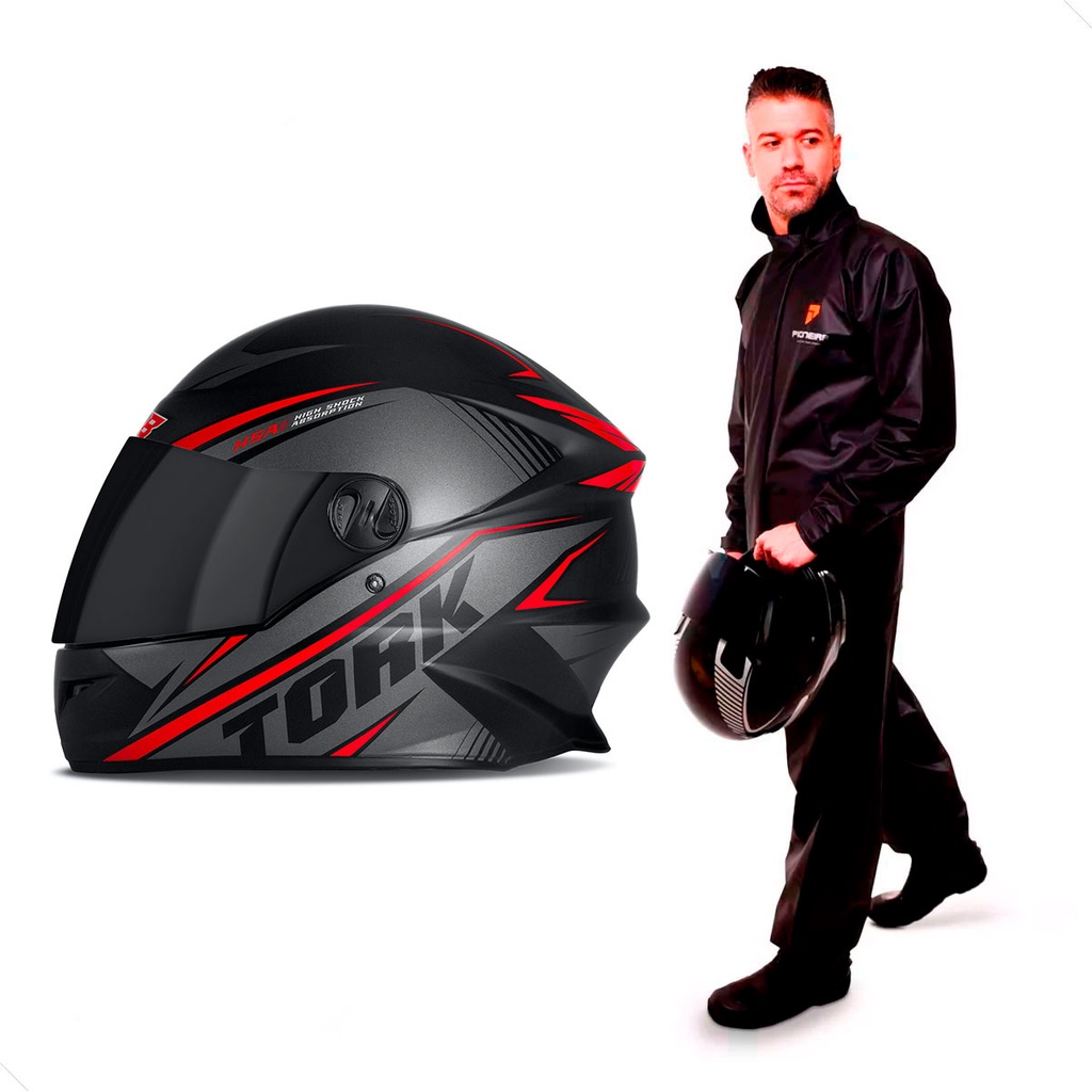 Capacete Moto Preto R8 Pro Tork Viseira Fume Diversos Tamanhos + Capa de Chuva Pioneira PVC com Gola em Oferta na Shopee