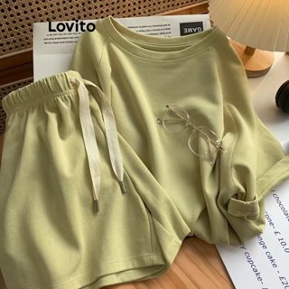 Lovito Casual Conjunto Feminino Liso com Duas Peças de Manga Curta e Shorts LNA24058 (Cinza/Amarelo)