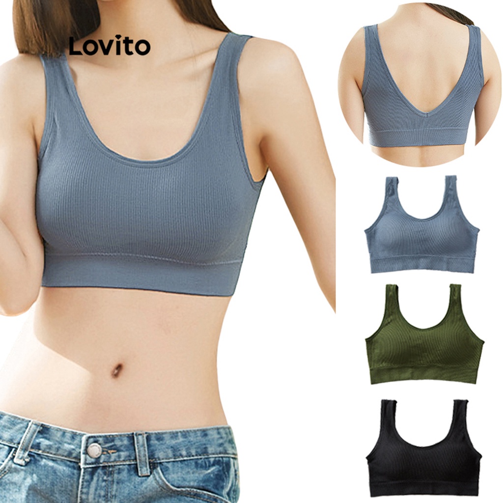 Lovito Sutiã Casual Liso Sem Fio Almofadas Removíveis L23LD072 (Preto/Azul/Verde)