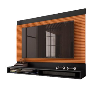 Painel Ripado 3D Para Tv Até 50 Polegadas Milos Com Prateleira 1,35m Preto/Cedro EDN