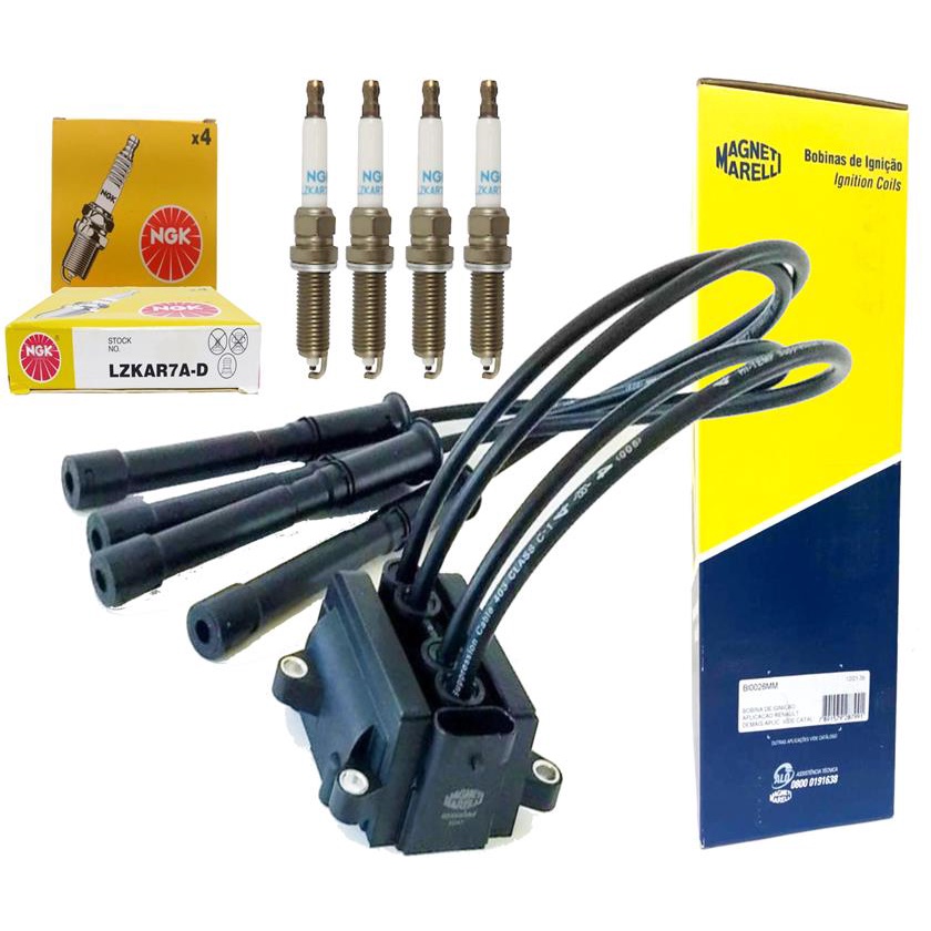 Kit Bobina de ignição com cabos de vela integrados Magneti Marelli e Jogo de Velas NGK  Clio Logan Sandero 1.0 16v FLEX em Oferta na Shopee