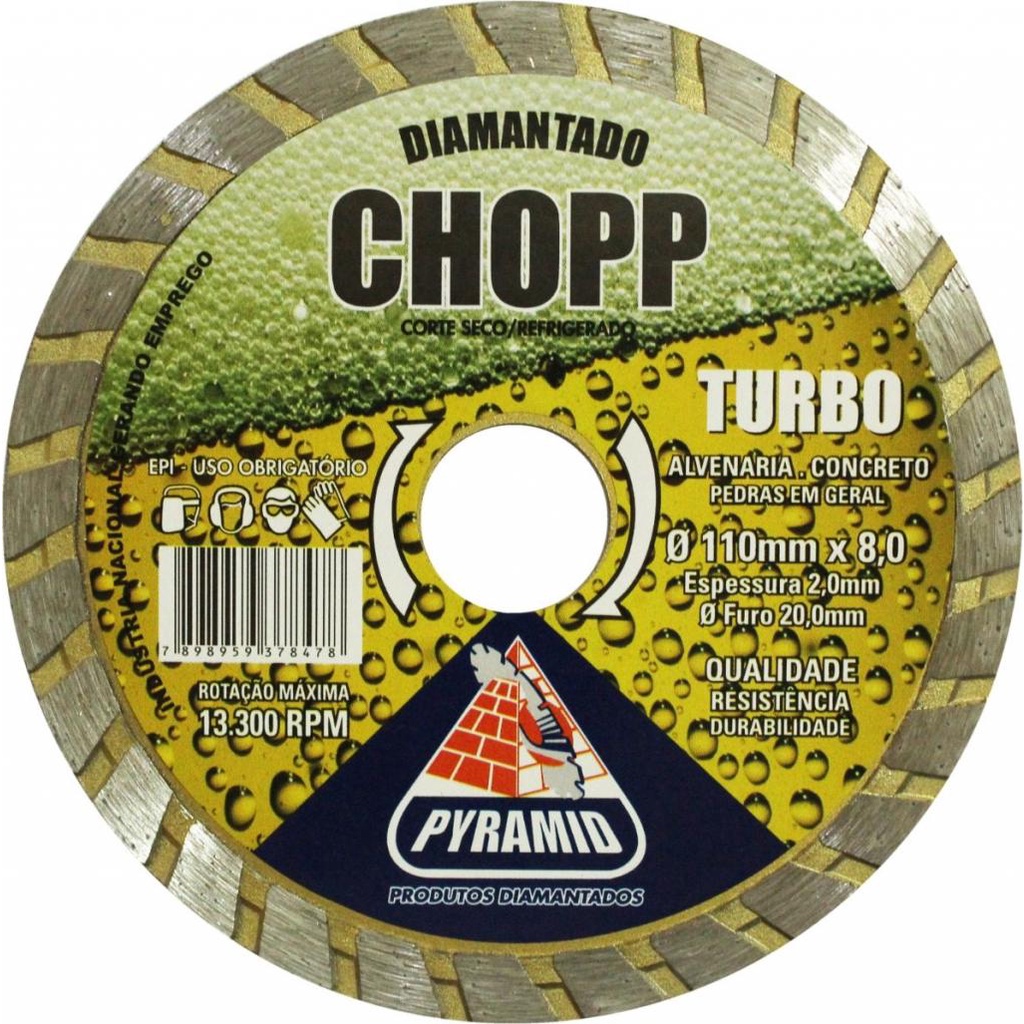 Disco Diamantado Turbo/Segmentado/Liso Chopp 110 x 22mm 8 - PYRAMID furo 20