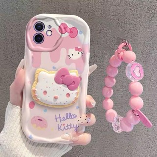 Fofo Hello Kitty Suporte De Pulseira De Gato Pérola Corrente Cartoon Soft Phone Case Para Samsung Galaxy A14 A13 4G 5G A21S A22 A05 A05S A04S A04 A04E A02 A02S A03 Capa De Borda Ondulada