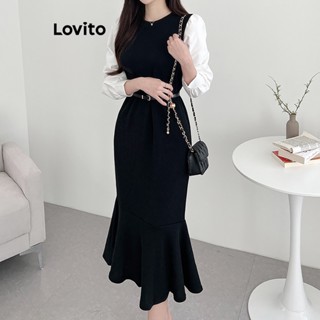 Lovito Vestido Casual Liso Colorblock Para Mulheres LNE36003 (Verde Preto)