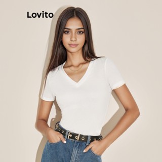 Lovito Camiseta Básica de Tecido Liso para Mulheres L61AD037 (Branco/Preto)