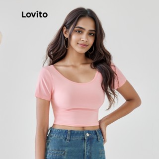 Lovito Casual Camiseta Feminina Lisa Recortada Básica com Costas Abertas Gola Redonda e Manga Curta L49AD003 (Branca/Rosa/Preta)