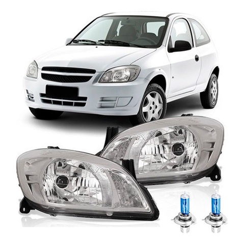 KIT PAR FAROL CELTA PRISMA 2011 A 2015 CROMADO + PAR LÂMPADA HALOGENA SUPER BRANCA em Oferta na Shopee