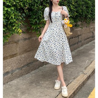 Lovito Vestido Casual Ditsy Floral Com Gravata Frontal Para Mulheres LNA38083 (Azul)