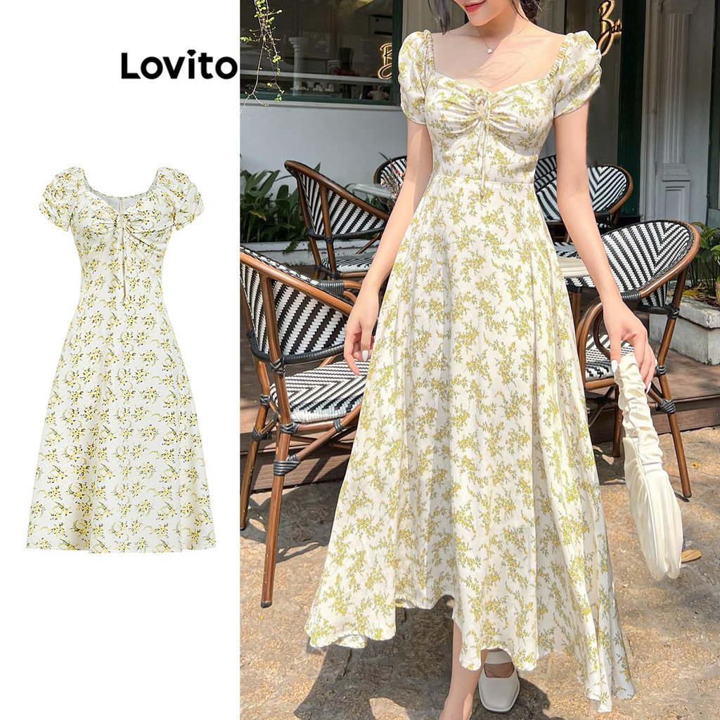 (Trendy) Lovito Vestido Boho Ditsy Floral Lace Up para Mulheres L104ED911 - Women Clothes