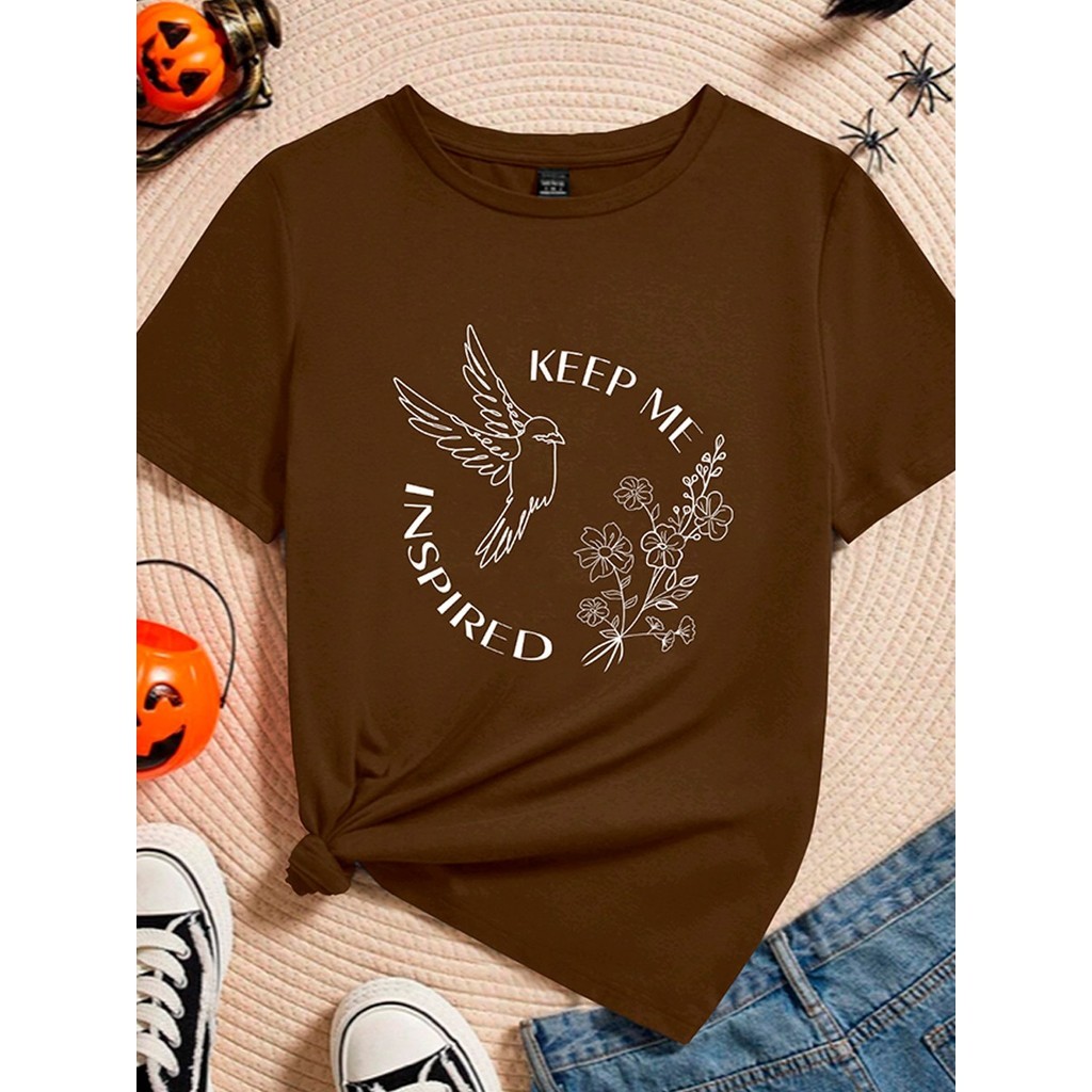 Camiseta Feminina Casual Oversized T Shirt Tumblr Aesthetic Blusa Estampa Keep Me Inspirede Pássaro