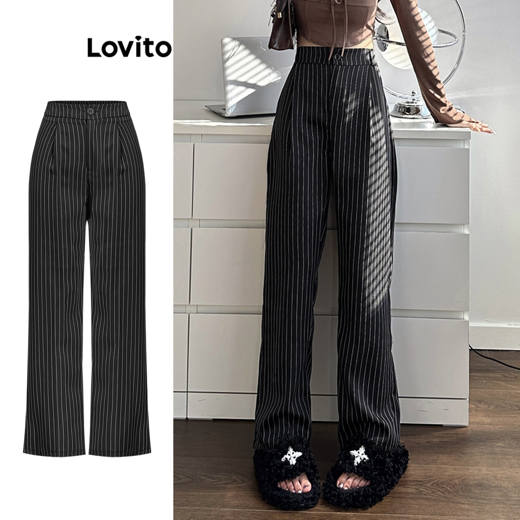 Lovito Calça Elegante Listrada Drapeada Para Mulheres L106AD921 em Oferta na Shopee