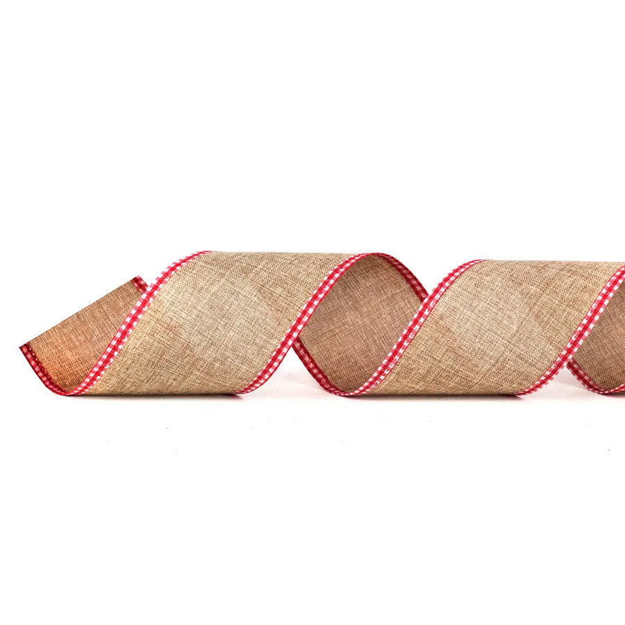 Fita Decorativa Aramada - Bege Escuro com Bordas Xadrez - 6,3cm x 9,14m - 1 unidade - Cromus - Rizzo