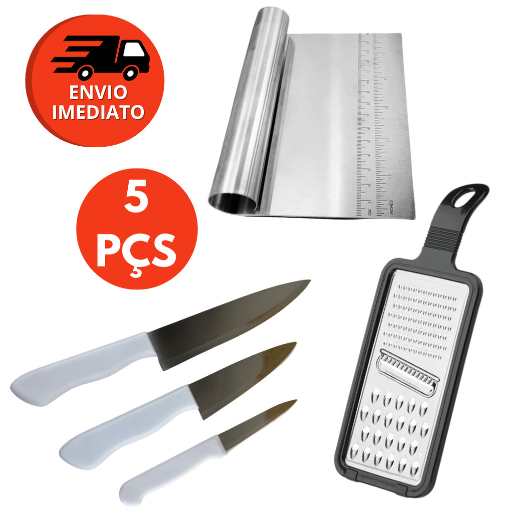 Kit 05 Itens: Espátula Reta Massa E Legumes + Ralador Alimentos 1 Face + Jogo 03 Facas Cabo Branco