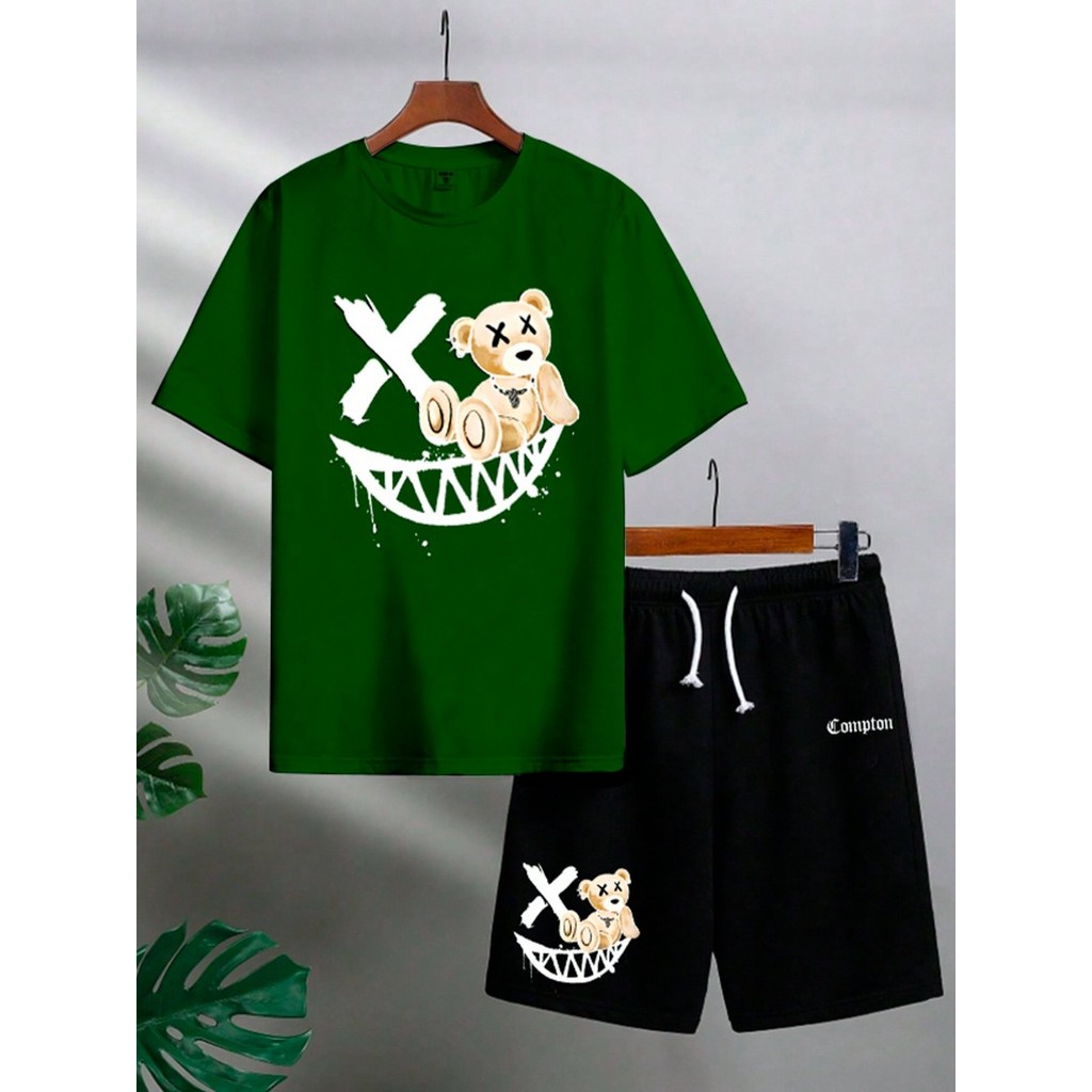Conjunto Masculino Camiseta Streetwear Masculina + Bermuda Moletom Estampada Kit