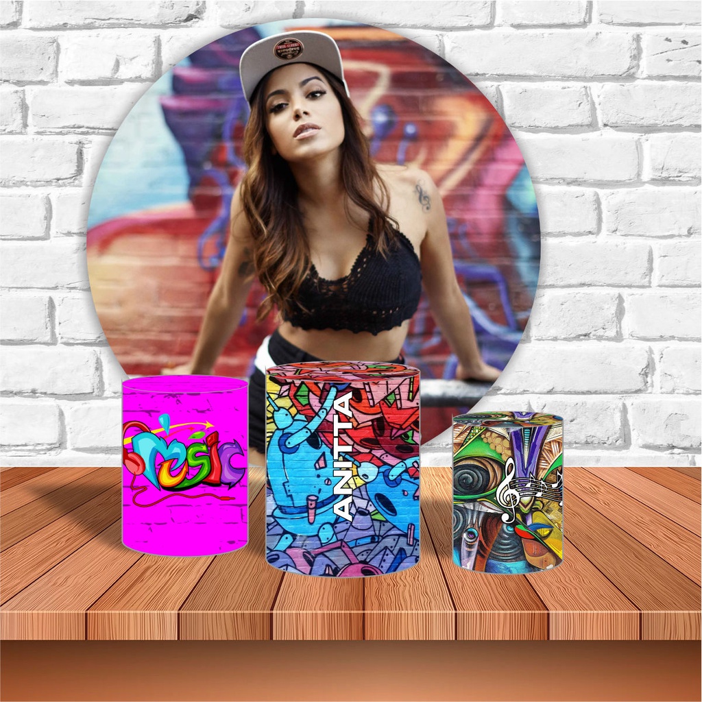 Kit Festa Painel Redondo + 3 Capas De Cilindro Tema Anitta Decoração Infantil Adolescente Funk