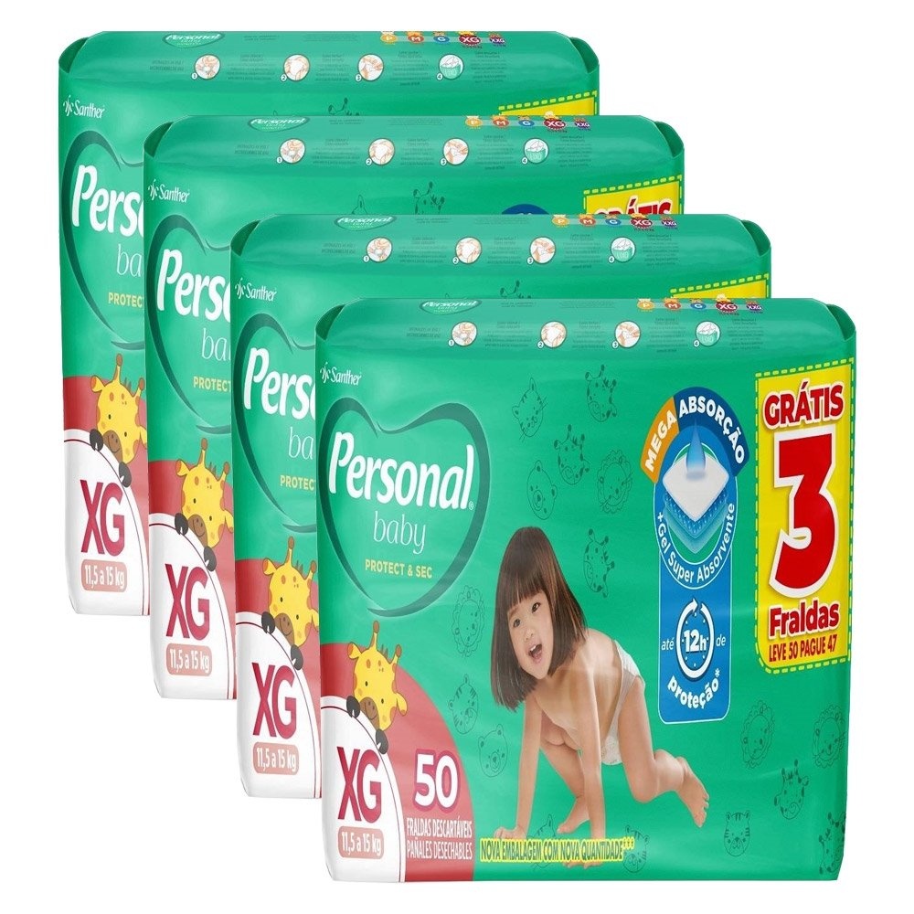 Fralda Descartável Personal Soft & Protect Hiper Tamanho XG - 4 Pacotes com 50 Fraldas - Total 200 Tiras em Oferta na Shopee