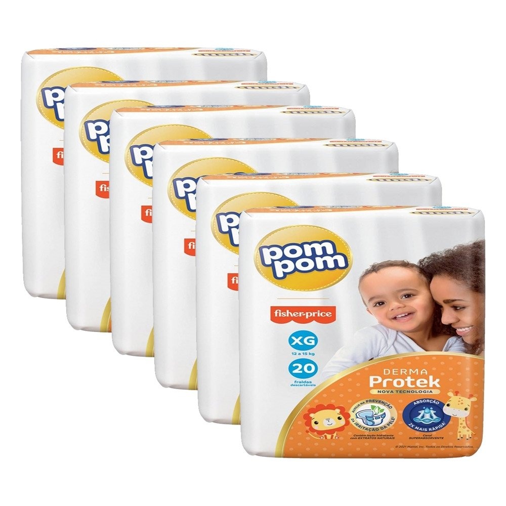 Fralda Descartável Pom Pom Derma Protek Jumbo Tamanho XG - 6 Pacotes com 20 Fraldas - Total 120 Tiras