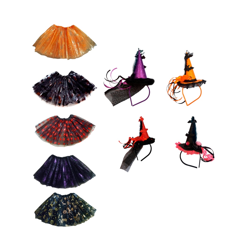 Saia Tutu Halloween Kit Bruxinha Saia De Tule e Tiara de Bruxa Colorida Festa Dia Das Bruxas Carnaval Noites do Terror