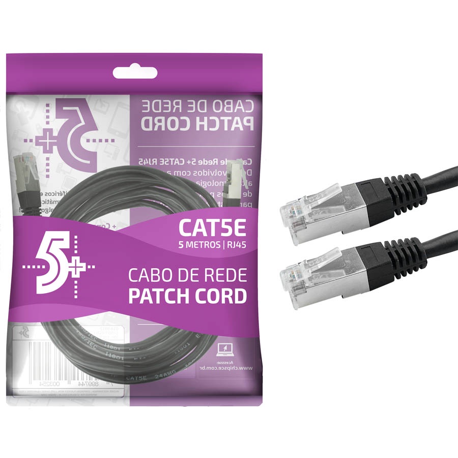 Cabos De Rede Patch Cord Cat5e Rj45 Ftp 5m Preto 018-9912