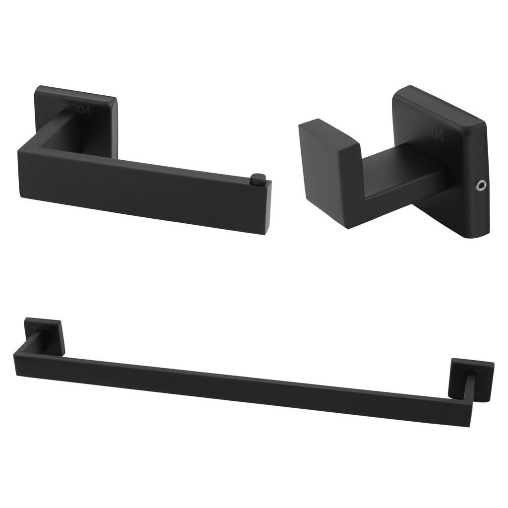 Kit Acessórios 3 Peças Banheiro Lavatório Inox Preto Fosco