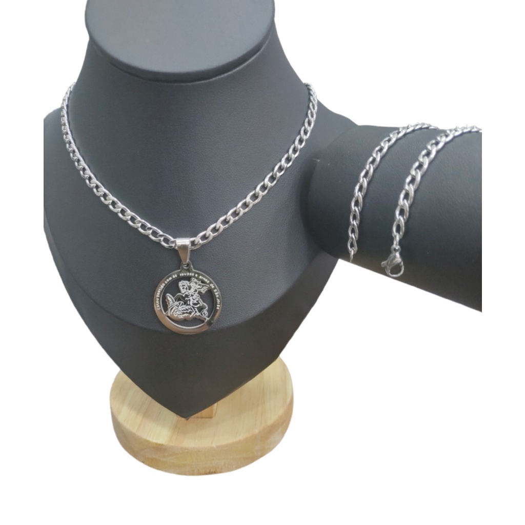 CUNJUNTO Corrente pulseira sao jorge  CORDAO  Unissex  Correntes pulseira masculina pingente sao jorge aco inox