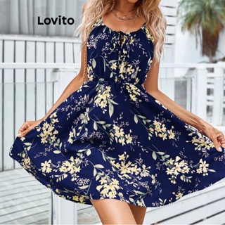 Lovito Boho Vestido Feminino Floral Amarrado LNE27043 (Azul Marinho)