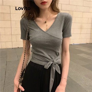 Lovito Casual Camiseta Feminina Lisa de Amarrar Cruzada com Gola V LNA26044 (Cinza/Preto)